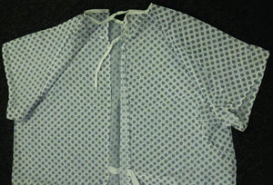 IN100712 Patient Gown 62" 4.1 oz Twill with angle back and a white background with blue squares at $52.18/dz 10 dz Case Price